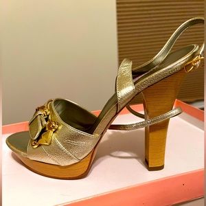 New JLo Shay Gold leather High Heel Ankle Wrap  Shoes
